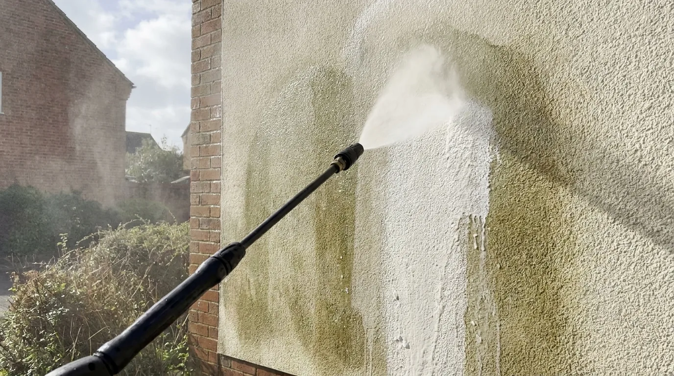 Low-pressure soft-wash lance applying biocide to a rendered house wall in Redhill