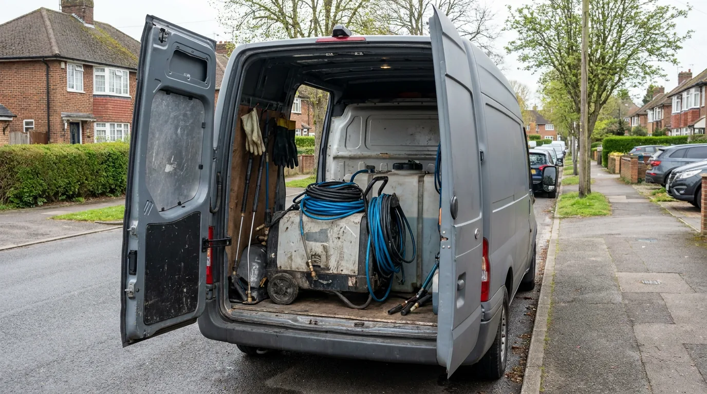 Van loaded with roof and exterior cleaning equipment