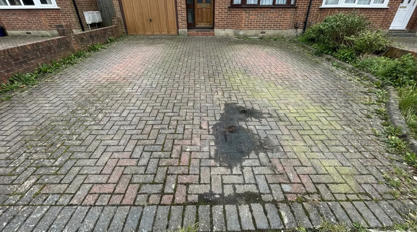 Block paving driveway before cleaning