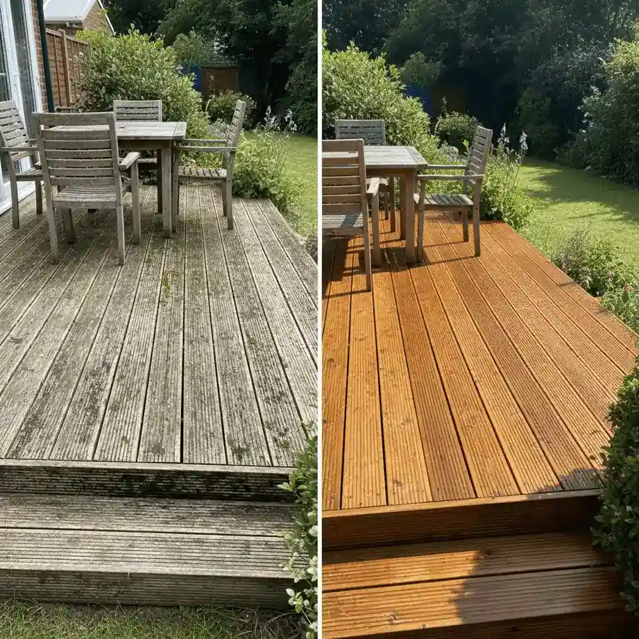 Decking cleaning before and after comparison - Banstead, Surrey