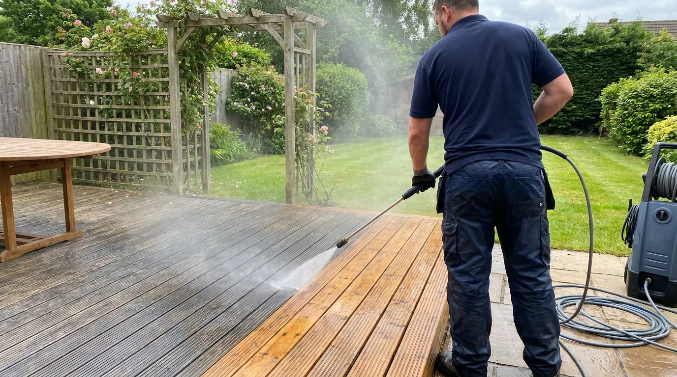 Garden decking being professionally cleaned