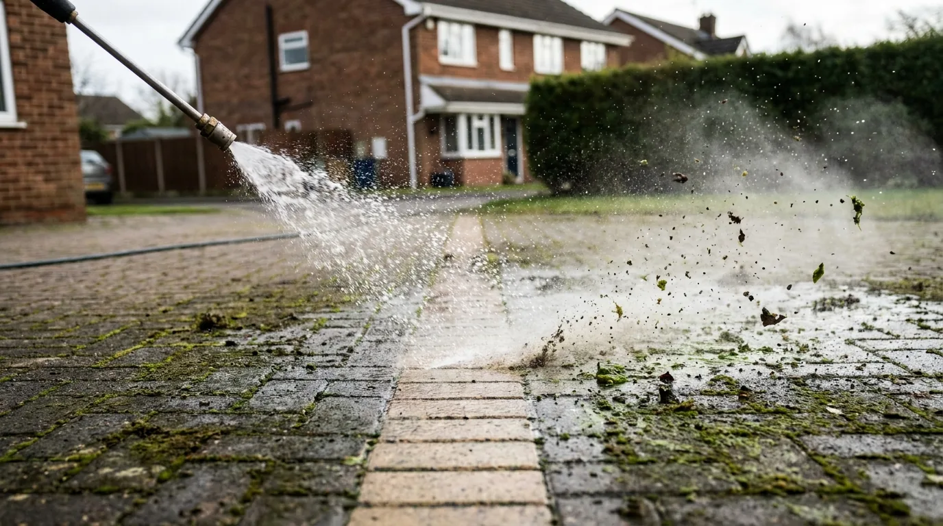 Block paving driveway being cleaned