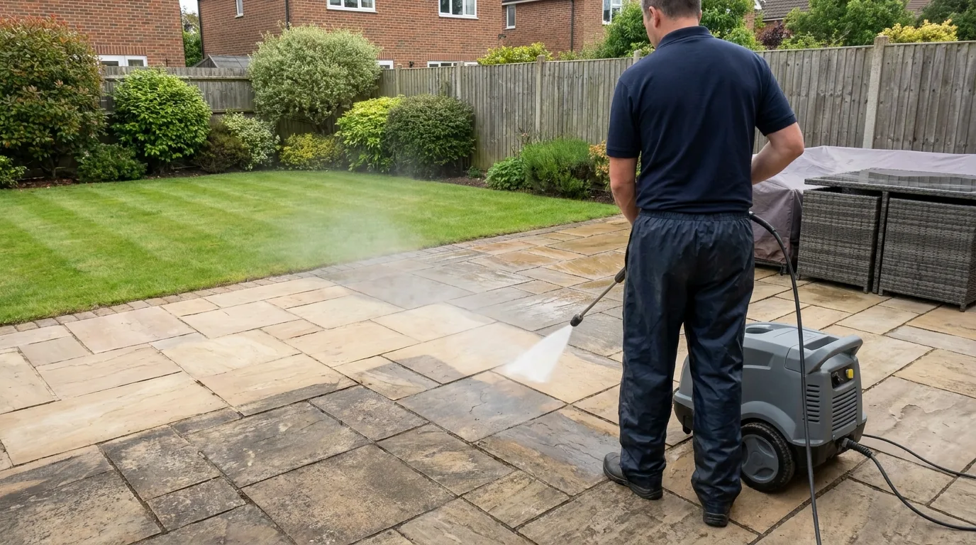 Indian sandstone patio being cleaned