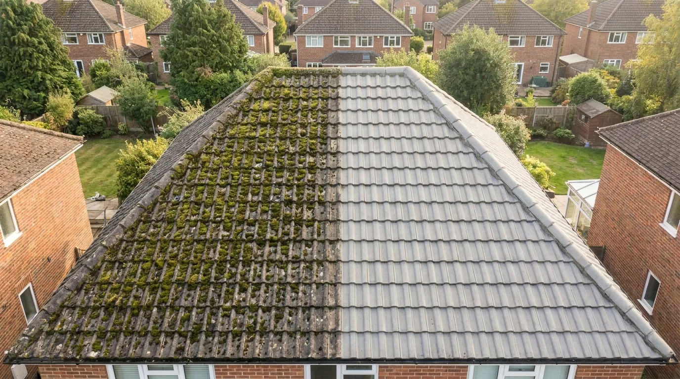 Tile roof aerial view, half cleaned of moss
