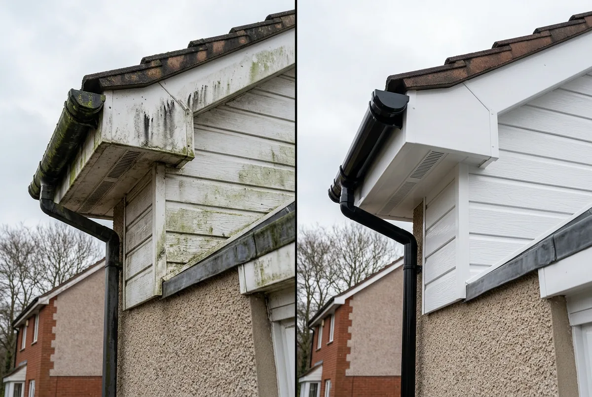 Before and after of fascia, soffit & cladding cleaning — illustrative example of typical results