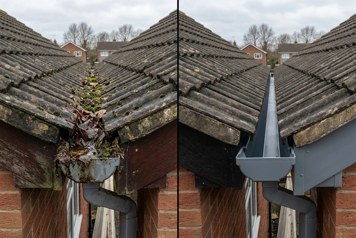 Before and after of gutter cleaning — illustrative example of typical results