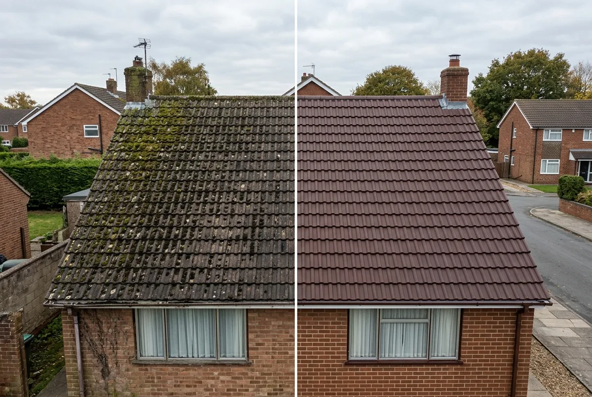 Before and after of roof cleaning — illustrative example of typical results