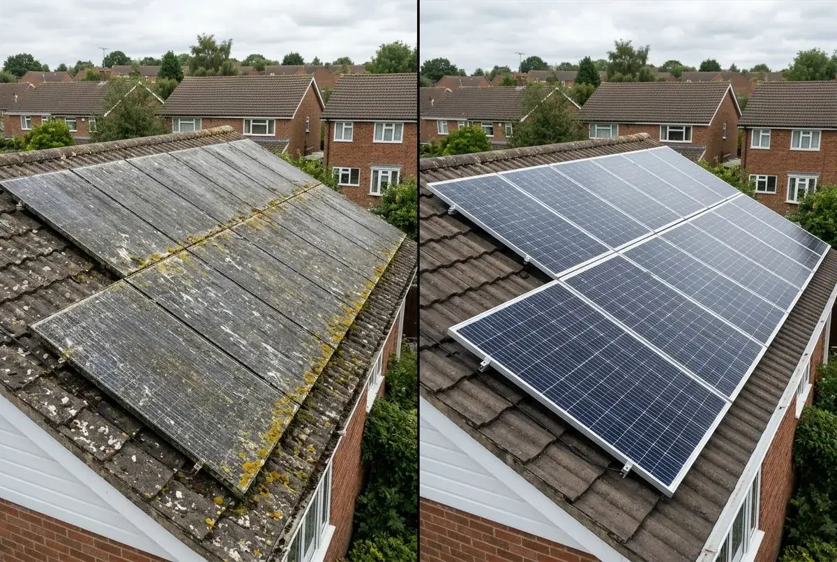 Before and after of solar panel cleaning — illustrative example of typical results