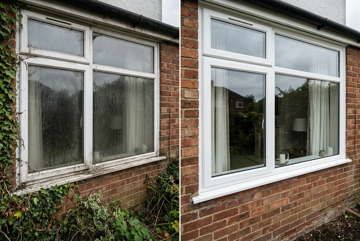 Before and after of window cleaning — illustrative example of typical results